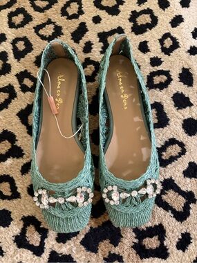 Teal Braided raffia  Flats with Crystal Accent